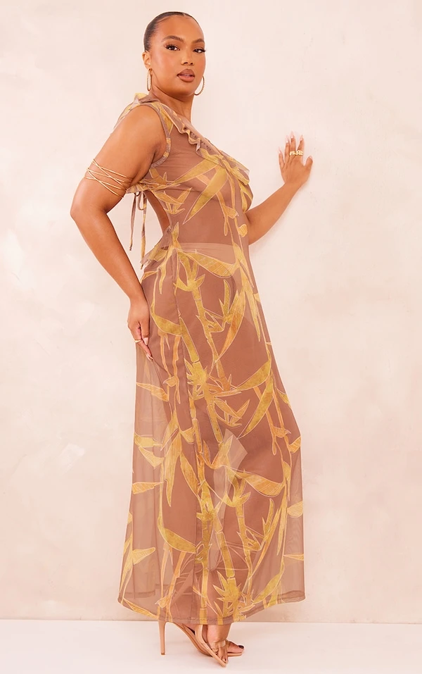 Plus Robe Longue En Mesh Marron Imprimé à Détail Volants 5 Plus Robe Longue En Mesh Marron Imprimé à Détail Volants – Image 3