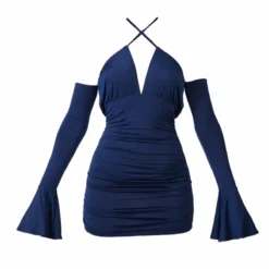Robe Très Moulante Bleu Marine Foncé Col Bardot à Manches Flare Et Lien à Nouer -Jolie Vêtue Soldes Magasin 835e863fe22604cb1fed43c176fa82305362fd54 cnc5910 5