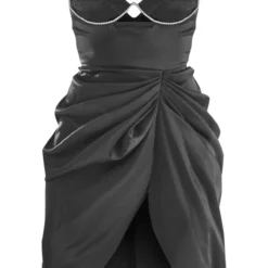 Robe Mi-longue Satinée Drapée Noire à Armatures Strassées -Jolie Vêtue Soldes Magasin 8429370c3efd0b0b3e4f579646a80d2a9b9cc356 cna9138 5