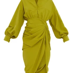 Robe Chemise Mi-longue Vert Olive à Manches Ballon Et Jupe Froncée -Jolie Vêtue Soldes Magasin 84672083aeb00102933a076fab5c9249fbefbcac cms6921 5
