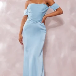 Robe-corset Longue Bleu Cendré à Dos Nu Découpé Et Col Bardot