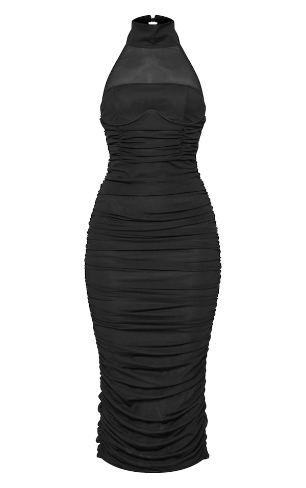 Robe Mi-longue En Mesh Noir Froncée à Armatures Et Col Montant 7 Robe Mi-longue En Mesh Noir Froncée à Armatures Et Col Montant – Image 5