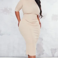 Plus Robe Mi-longue Côtelée Café Au Lait Rosé à Col Montant Et Demi-manches -Jolie Vêtue Soldes Magasin 85a0e9e4bcddc1c00b331790c66815698502a89b cnc2224 3