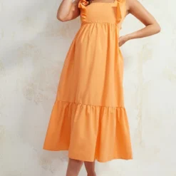 Maternité Robe Longue De Grossesse Orange Volantée Sans Manches