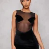 Robe Moulante En Mesh Noir Sans Manches à Détail Bonnets En Velours