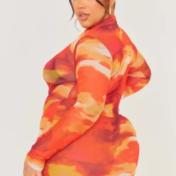 Plus Robe Moulante En Mesh Rouge Imprimé Abstrait à Manches Longues -Jolie Vêtue Soldes Magasin 87548200eb53c392dd73b07d8926ee56fb6505ac cne1828 2
