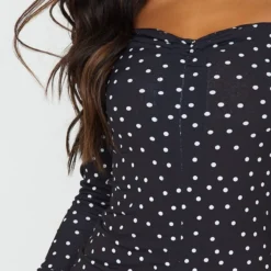 Robe Moulante Noir Profond Imprimé Pois à Manches Longues Et Devant Froncé -Jolie Vêtue Soldes Magasin 88edcf788159fdf530948c304821f1f9e72c8a4a CMS1127 4