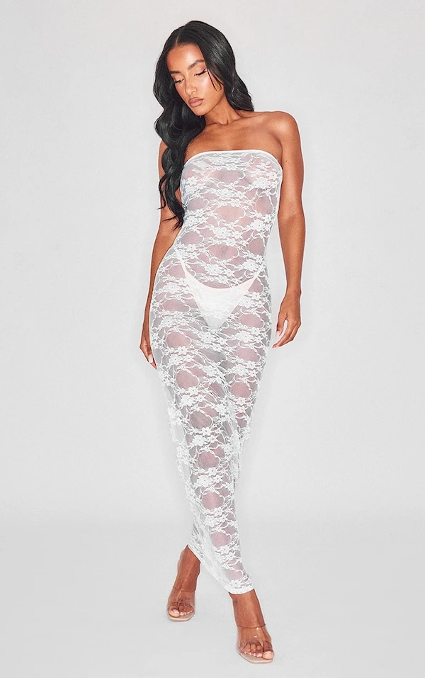 Robe Longue Bustier En Dentelle Fleurie Blanche 6 Robe Longue Bustier En Dentelle Fleurie Blanche – Image 4