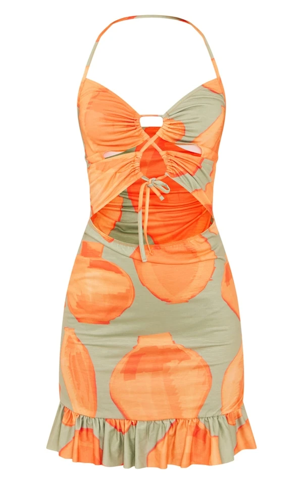 Robe Droite Dos Nu Imprimé Vase Orange à Ourlet Volanté Et Découpes 7 Robe Droite Dos Nu Imprimé Vase Orange à Ourlet Volanté Et Découpes – Image 5