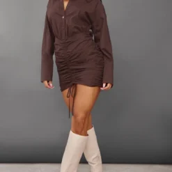 Robe Moulante Style Chemise Oversize Froncée Chocolat -Jolie Vêtue Soldes Magasin 89b54eb120175ac4b72acec1e9e1fc03a9c32571 cnb8479 3