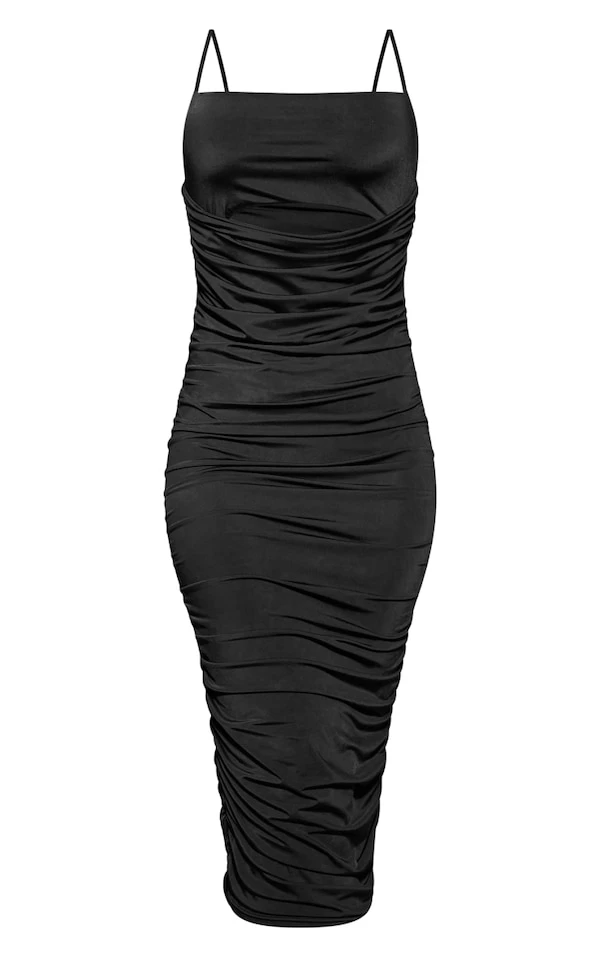 Robe Mi-longue Moulante Noire à Col Carré Et Fronces 7 Robe Mi-longue Moulante Noire à Col Carré Et Fronces – Image 5