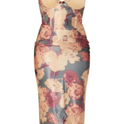 Robe Mi-longue Satinée Marron Imprimé Fleurs Abstraites à Corset Et Dentelle -Jolie Vêtue Soldes Magasin 8a15c2dd465d889cb42fe50f7e67cab66fa6484e cnd7532 5