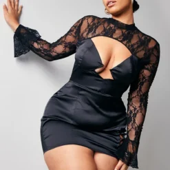 Plus Robe Moulante Noire Satinée En Dentelle à Détail Froncé -Jolie Vêtue Soldes Magasin 8a954fafbe63c07b9098a1e417339dda4b321e82 cna9978 1