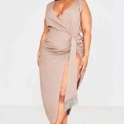 Plus Robe Mi-longue En Effet Lin Taupe à Détail Drapé