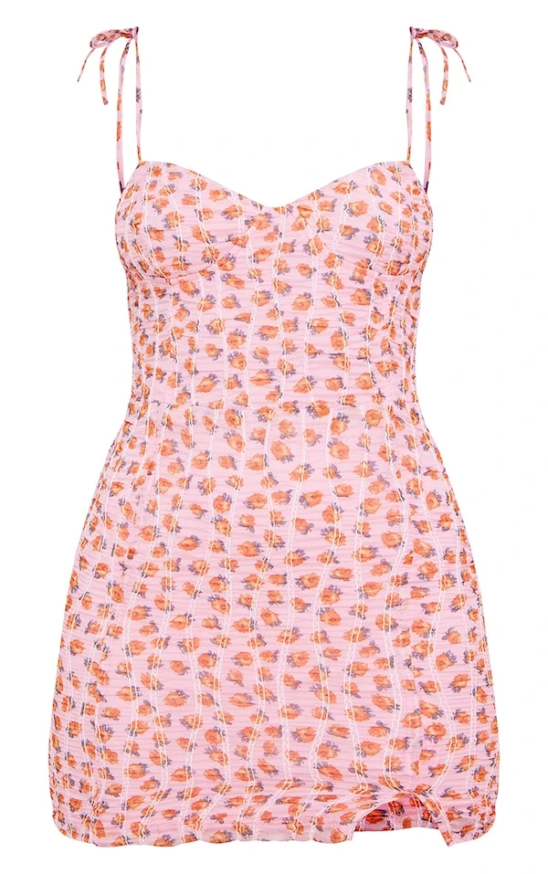 Robe Moulante Rose Fleurie En Mousseline De Soie à Bretelles Nouées Et Détail Bonnets 7 Robe Moulante Rose Fleurie En Mousseline De Soie à Bretelles Nouées Et Détail Bonnets – Image 5