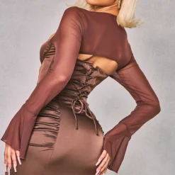 Robe Moulante Satinée Chocolat à Détail Corset Et Manches En Mesh -Jolie Vêtue Soldes Magasin 8bc5192ddcd00e3b1760797031d75deb332b2995 cnb7394 4