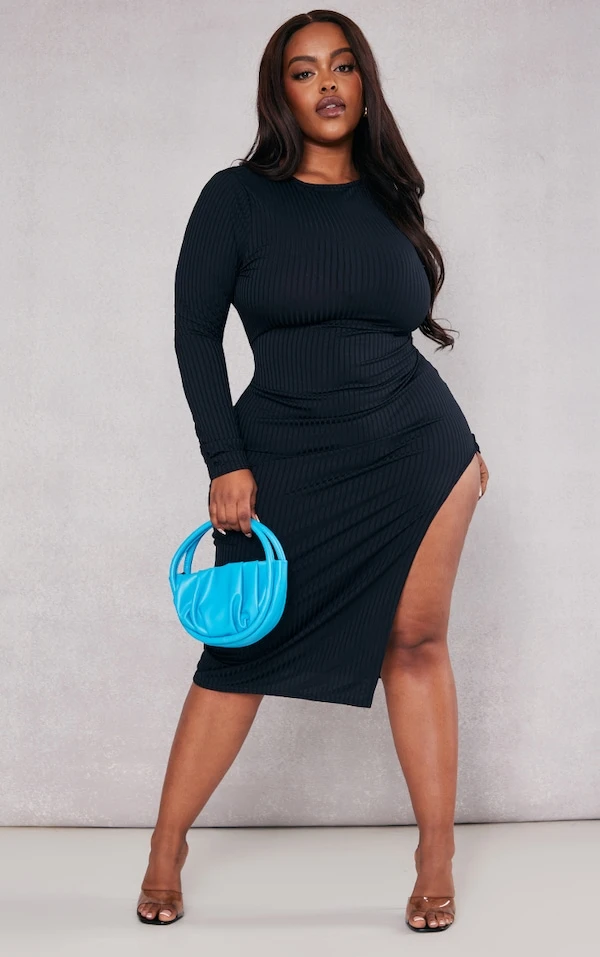 Plus Robe Mi-longue Noire Côtelée Fendue Sur Le Côté 3 Plus Robe Mi-longue Noire Côtelée Fendue Sur Le Côté