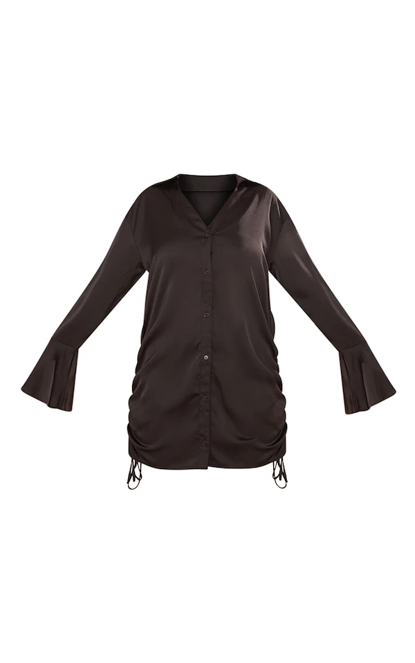 Robe Chemise Satinée Noire à Manches évasées à Double Fronce 7 Robe Chemise Satinée Noire à Manches évasées à Double Fronce – Image 5