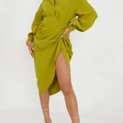 Robe Chemise Mi-longue Vert Olive à Manches Ballon Et Jupe Froncée -Jolie Vêtue Soldes Magasin 8c6403b02cc801494ca56c8998c90e7985083ef0 cms6921 3