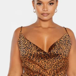 Plus Robe Mi-longue Satinée Imprimé Léopard à Col Bénitier Et Bretelles -Jolie Vêtue Soldes Magasin 8c8c7a19940d7dd6eed0c422042f879e73d16ca9 CME0934 5