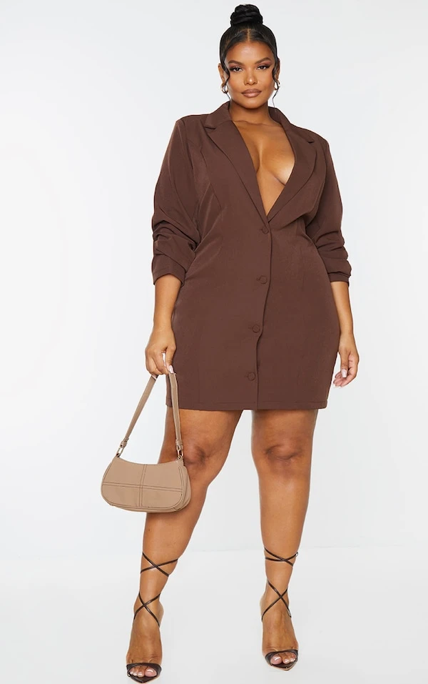 Plus Robe Blazer Chocolat à Manches Longues 5 Plus Robe Blazer Chocolat à Manches Longues – Image 3