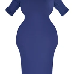 Plus Robe Mi-longue Côtelée Bleu Marine à Col Montant Et Demi-manches -Jolie Vêtue Soldes Magasin 8e001f29eba86ec65f59421fc10aa8e129808a3a cnd3029 5