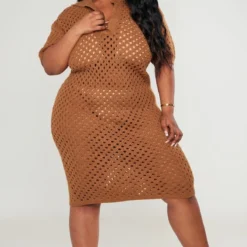 Plus Robe De Plage Mi-longue En Maille Tricot Marron -Jolie Vêtue Soldes Magasin 8e0772c3e780b9b2e1a7c36ef6a596143d92222f cnc7356 3