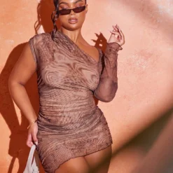 Plus Robe Moulante Asymétrique En Mesh Marron Clair à Imprimé Fleuri -Jolie Vêtue Soldes Magasin 8e1a8b9a02dab350befc9af663f0b463b378784d cne0999 3