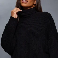 Robe Pull En Maille Tricot Noir Profond à Col Roulé -Jolie Vêtue Soldes Magasin 8e401b0953f92f2a84630fc0831d188e9aa14890 cnc0962 4