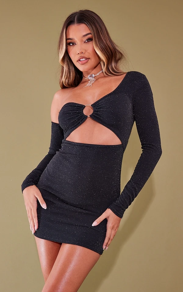 Robe Moulante Asymétrique Noire à Paillettes Et Détail Anneau 3 Robe Moulante Asymétrique Noire à Paillettes Et Détail Anneau