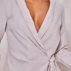 Robe Blazer Portefeuille Texturée Gris Pierre Effet Lin Nouée à La Taille -Jolie Vêtue Soldes Magasin 8f67105bed2aad19729d3dcfb81d5b3a73b16ae0 cne1363 4