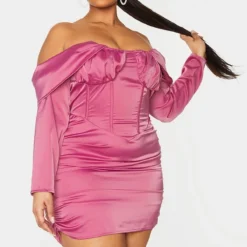 Plus Robe Moulante Satinée Drapée Rose à Col Bardot Et Manches Détail Dos Froncé -Jolie Vêtue Soldes Magasin 8f9d3eb1b71f882a0ea10e4638b8b319865e105f cmu5860 4