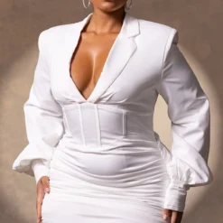 Plus Robe Blazer Structurée Deluxe Blanche à Taille Corset