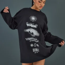 Robe Pull Noire Oversize à Col Rond Et Slogan Fearless