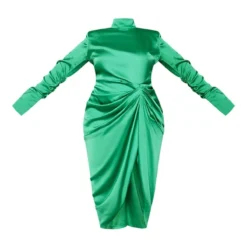 Plus Robe Mi-longue Satinée Drapée Verte à Col Montant -Jolie Vêtue Soldes Magasin 9074c6dd2cb49f6fd2a5ab0d1c04caf9aae0d112 cne0809 5