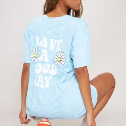 Robe T-shirt Bleu Javélisé à Slogan Good Day