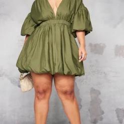 Plus Robe Kaki Bouffante à Manches Ballon