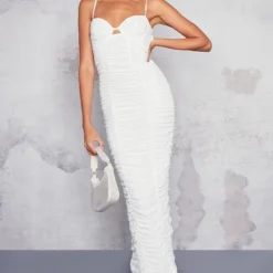 Robe Mi-longue En Mesh Blanc Froncé à Armatures Et Bretelles