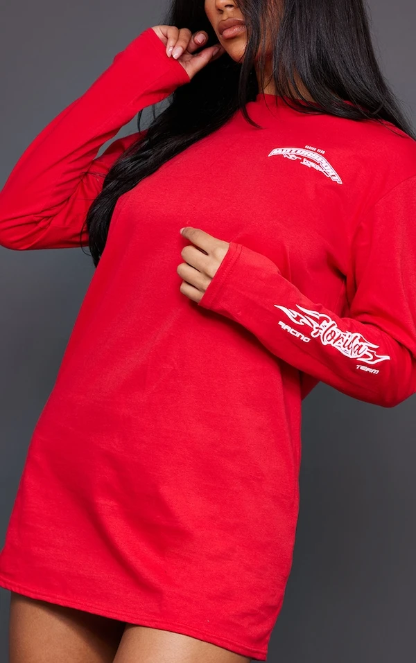 Robe T-shirt Rouge Délavé à Imprimé Motorcross 5 Robe T-shirt Rouge Délavé à Imprimé Motorcross – Image 3