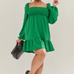 Plus Robe Droite En Mousseline De Soie Verte Froncée