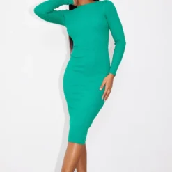 Robe Longue Vert Vif En Maille Tricot Détail Col