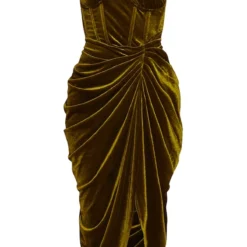 Robe Mi-longue En Velours Vert Olive à épaule Unique, Détail Corset Et Drapée Sur Le Côté -Jolie Vêtue Soldes Magasin 9323a5fceb3b2989dc844577634114b6ca748688 cmu4096 6