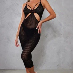 Robe Mi-longue Noire En Maille Pointelle à Parties Contrastantes -Jolie Vêtue Soldes Magasin 932e556bb5faeb2a17a4db464355ae8886e71b32 cmz8152 3