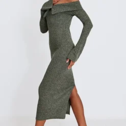 Robe Mi-longue Kaki Chiné Côtelée à Col Bardot -Jolie Vêtue Soldes Magasin 933326ba0cb207adaf51de3c45566a566890b26c cnc6743 3