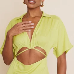 Robe Chemise Effet Lin Vert Découpée à La Taille Et Jupe Boutonnée -Jolie Vêtue Soldes Magasin 935c20d0fe599ceceb60ac3f60cb39ccf4925586 cnd4051 4