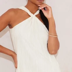 Robe Droite Plissée Crème Sans Manches à Col Torsadé -Jolie Vêtue Soldes Magasin 936fad171d31f6758d9fc5596e0ffa97be7e60c2 cna4960 4