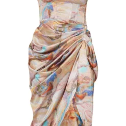 Robe Satinée Mi-longue à Corset Et Jupe Froncée Multicolore Imprimé Marbre -Jolie Vêtue Soldes Magasin 93837f4a2d00a15d82cacf16f90cd44f876c3fc5 cmr2148 6