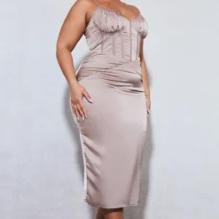 Plus Robe Mi-longue Satinée Café Au Lait à Buste Froncé -Jolie Vêtue Soldes Magasin 93a31e5bb666936cce7f968dd476bf459d6a5dbe cnd4874 3