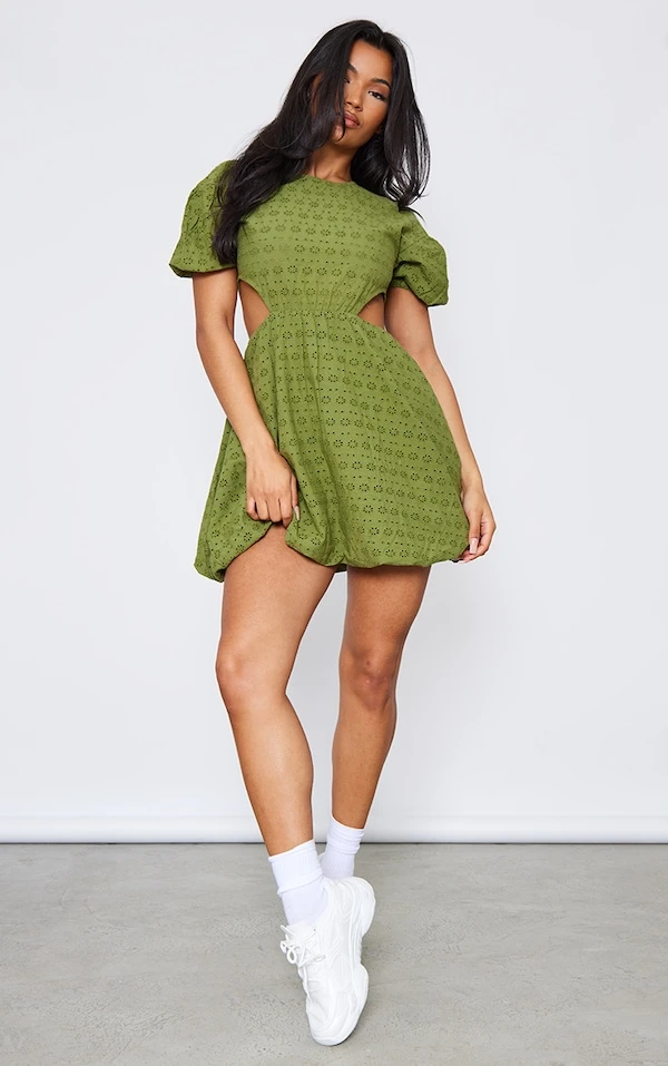 Robe Babydoll En Broderie Kaki à Découpes 3 Robe Babydoll En Broderie Kaki à Découpes