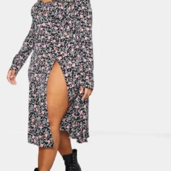 Plus Robe Mi-longue Noire Imprimé Fleuri à Bonnets Et Fente -Jolie Vêtue Soldes Magasin 93d2ca21119f28f7d07f1472fb9433b7d15aaada cmn9539 3